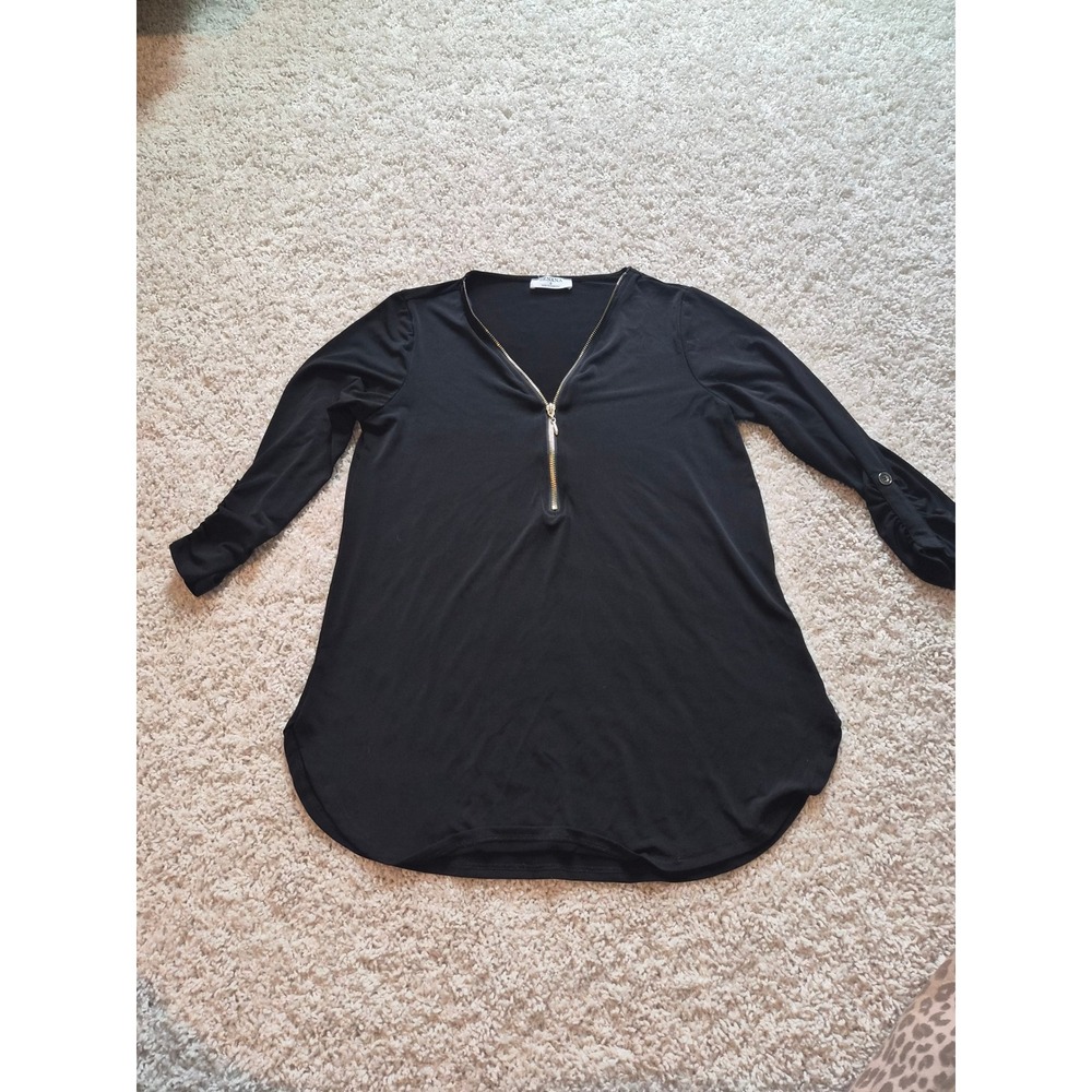 Zenana Black Zip Front V-Neck Tunic Top Roll Tab 3/4 Sleeve IT-2369AB Small